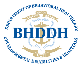 Logo for Department of Behavioral Health Developmental Disabilities and Hospitals. Consists of text overlaid on the Rhode Island state crest.